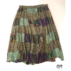 Sacred Threads Tiered Boho Patchwork Green Floral Patterned Festival Maxi Skirt